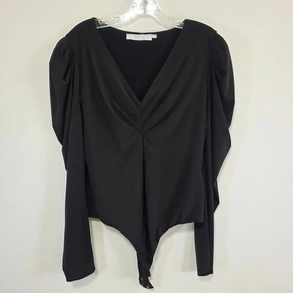 ASTR The Label Womens Black V Neck Puff Sleeve Bodysuit Size XL